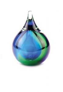 Druppelvormige mini urn van kristalglas 'Bubble' groen / blauw