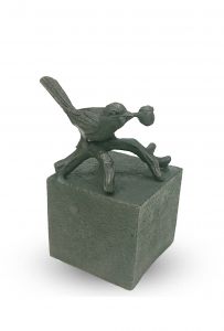 Bronzen mini urn 'Vogeltje met roos'