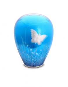 Glazen urn met vlinder 'Blue heaven'