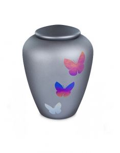 Glazen urn met vlinders grafietgrijs - symbool van transformatie en vrijheid
