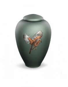 Glazen urn met roodborstje - matgroen, symbool van hoop en herinnering