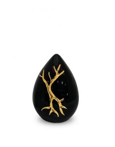 Kleine traandruppel urn 'Kintsugi' zwart met bladgoud