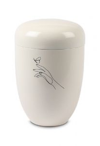 Metalen urn wit - Lijn hand met vlinder