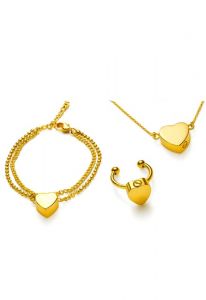 Assieradenset van edelstaal met hartje - goudkleurige armband, ring & ketting