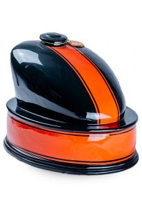 Handgemaakte biker benzinetank urn 'Black and Orange'