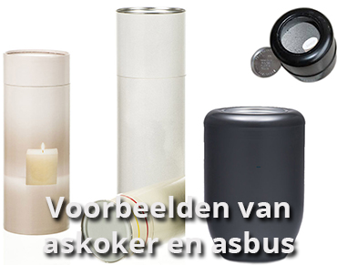 Crematie-as koker en asbus als voorbeeld bij het vullen van een urn
